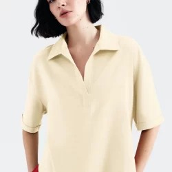 Camisa polo feminina com linho - bege